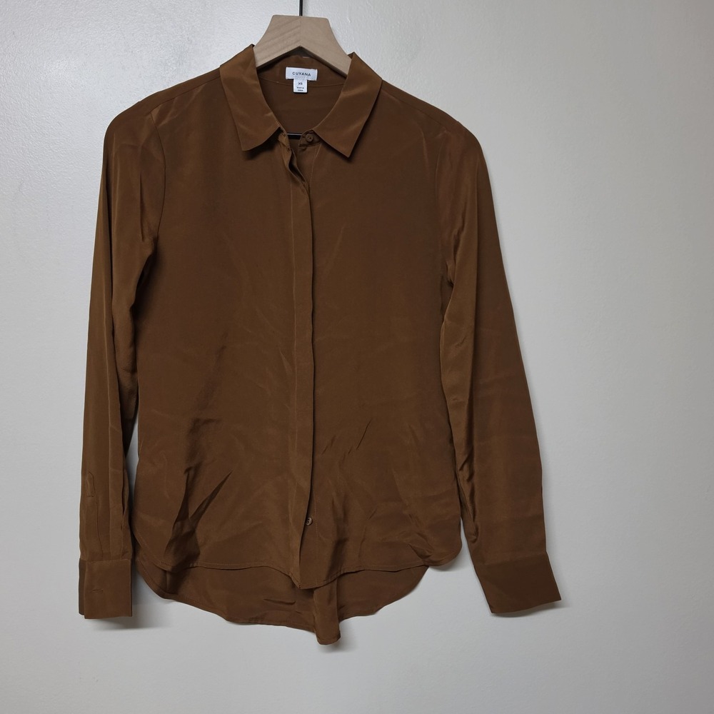 Cuyana Women XS 100% Silk Button Down Blouse Shirt Brown Cognac Long Sleeve